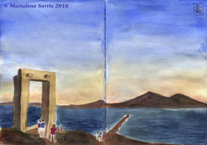 Naxos Portara- Watercolour Sketch- Kuretake Tambi Gansai Review- Artist Marialena Sarris- © 6-2016