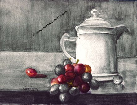 Coffee Pot and Grapes Version 3- Watercolours and Watercolour Graphite Sketch- Artist Marialena Sarris - 3-11-2017